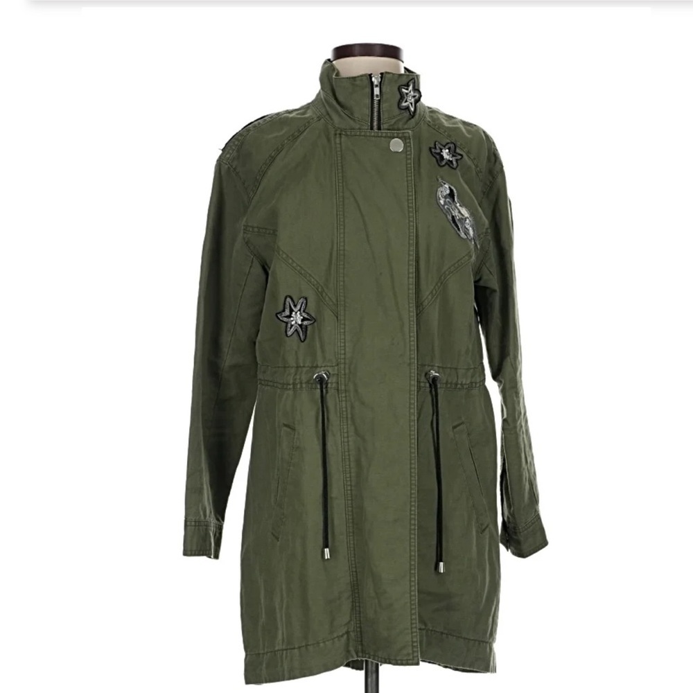 CAbi utility jacket moss/army green linen blend sequin bird/star patches Size M - Picture 4 of 12